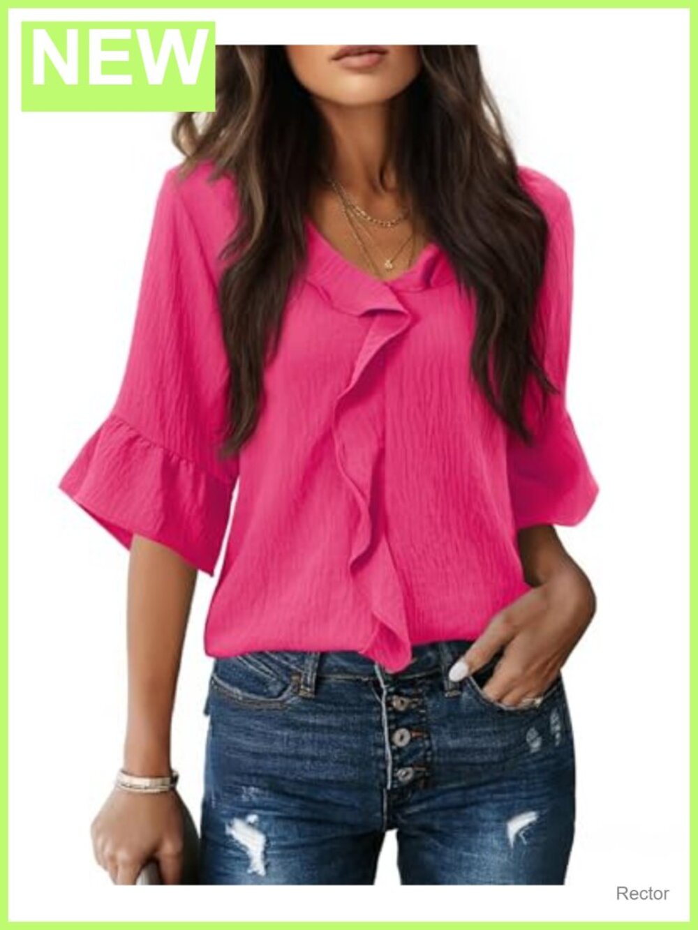 Womens Blouse 3/4 Ruffle Bell Sleeve V-Neck Business Casual Work Top